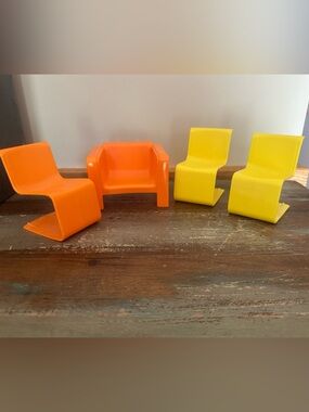 1970’s Barbie armchair and dining chairs dream house and townhouse orange yellow